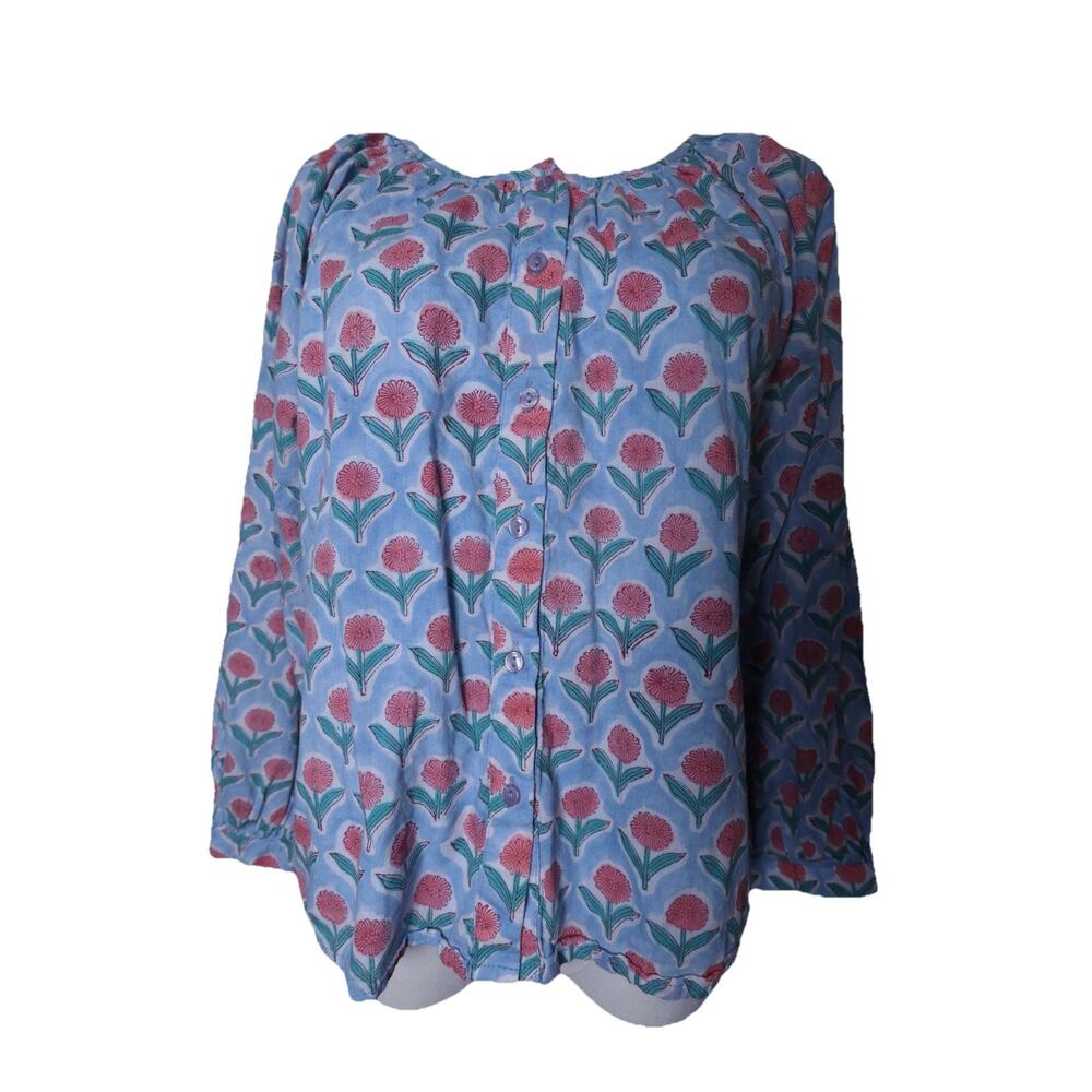 Emerson Fry India Collection Hand Block Print Organic Cotton Top Blue Pink Sz XS